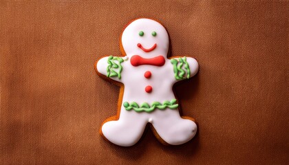 Festive Gingerbread Man Cookie with Colorful Icing Design on a Textured Brown Background, Featuring White Glaze, Red Buttons and Bow Tie, and Green Accents Christmas Holiday Treat Presentation 