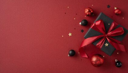 A beautifully wrapped black gift box with a red ribbon surrounded by red and black ornaments and stars on a festive red backdrop