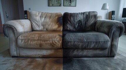 Couch with before and after image of dirt removal.