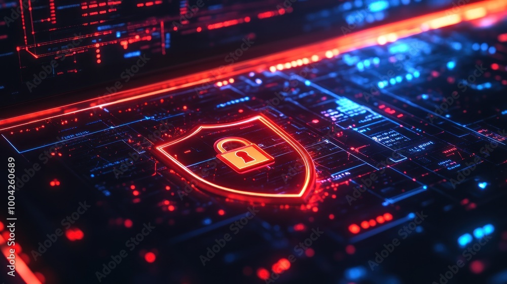 Poster digital representation of a laptop screen showing a futuristic glowing shield symbol with a padlock 