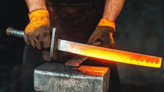 A blacksmith forging a glowing sword with sparks flying, showcasing craftsmanship and traditional metalworking skills.
