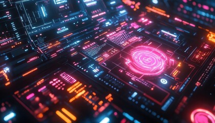 Corporate branding strategy displayed with glowing holographic logos and neon-lit digital tools  Futuristic  Hologram  Neon