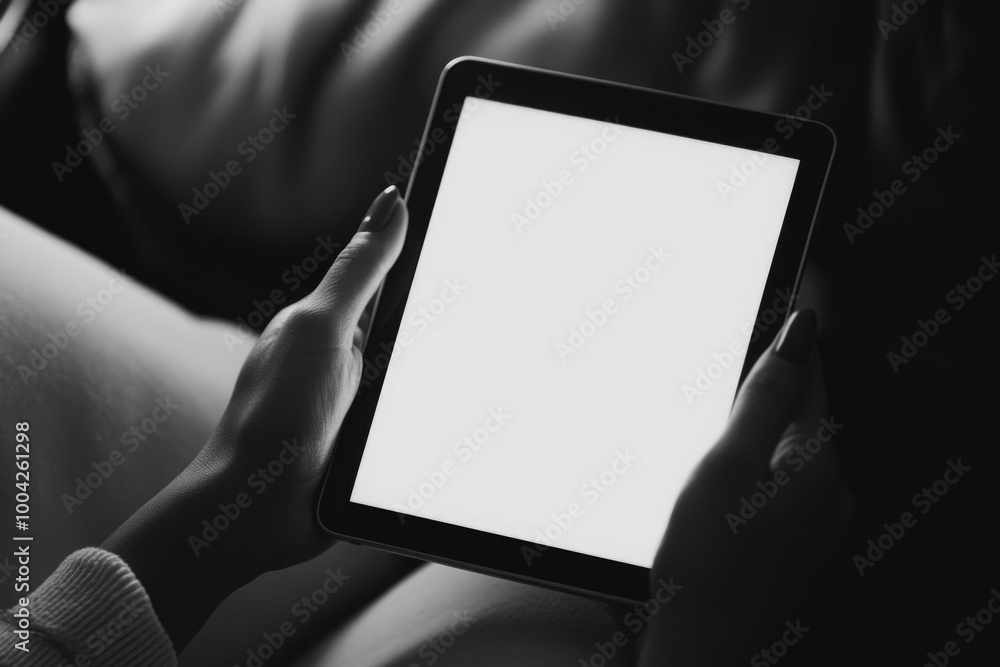 Poster silhouette of a person holding a tablet device in their hands, possibly browsing or using an app.