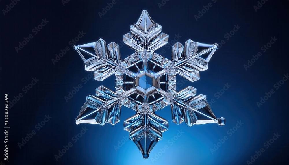 Poster Intricate Crystal Snowflake on Gradient Blue Background with Sharp, Symmetrical Edges, Showcasing Geometric Beauty and Detailed Ice Formation, Capturing the Essence of Winter's Natural Elegance