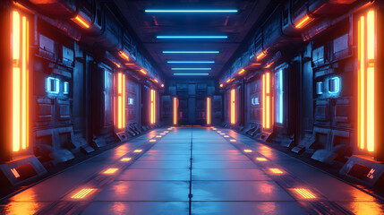 Fototapeta premium Futuristic Corridor with Neon Lights 3D Illustration