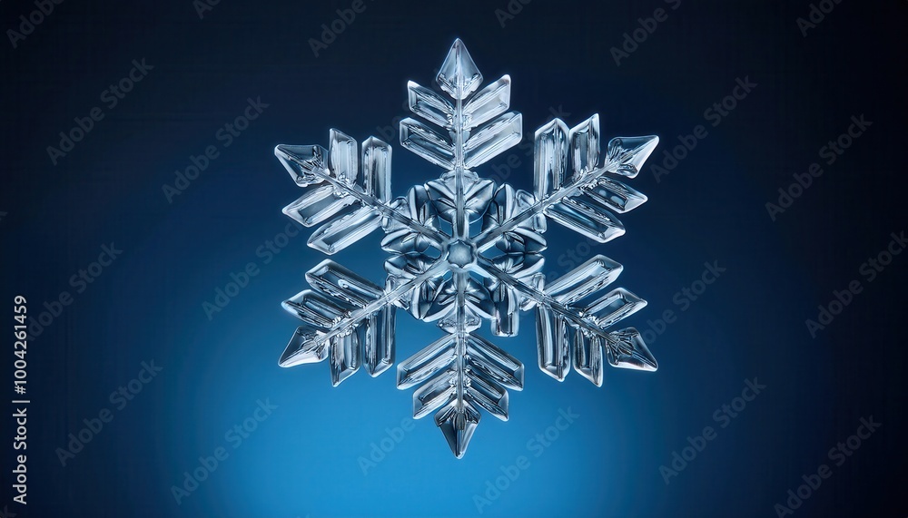 Poster intricate crystal snowflake on gradient blue background with sharp, symmetrical edges, showcasing ge