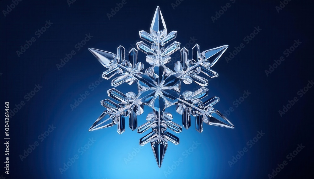 Poster intricate crystal snowflake on gradient blue background with sharp, symmetrical edges, showcasing ge