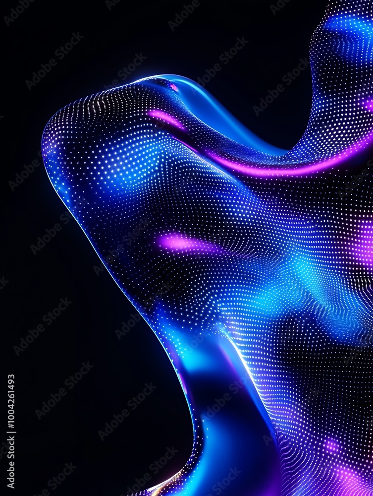 Poster abstract colorful shape with glowing dots and lines, set against a black background. a minimalist po