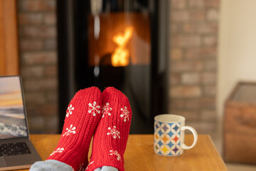 Woman warming herself in front of a pellet stove