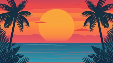 Obraz premium Tropical Summer Sunset Over Ocean, vibrant hues of orange and pink blend with deep blue waters, expansive sky, serene waves, ample copy space for text, captivating depth of field.