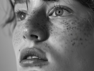 Naklejka premium Close-up portrait with artistic effects and color blending. Female face with freckles, eyes looking upwards. Creative photography concept.
