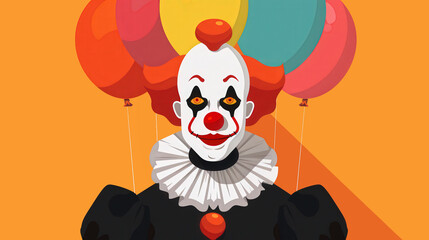 Fototapeta premium Creepy Clown with Balloons in Eerie Setting, unsettling character in a dark atmosphere, flat design captures a whimsical yet haunting theme, evokes feelings of unease and curiosity