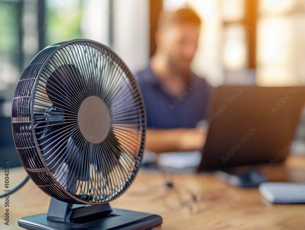 Poster image of a man working at his desk with an electronic fan placed on the table to provide additional 