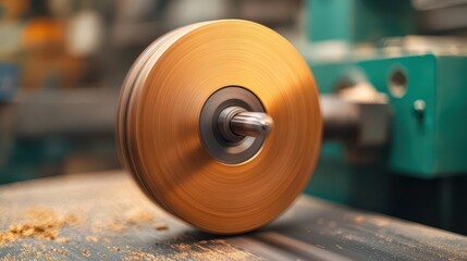 A close-up view of a rotating wooden disk on a lathe, showcasing woodworking precision and craftsmanship in action.