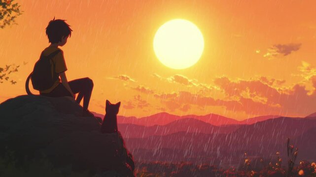 Silhouette of a bot and a cat sitting on a mountain in a rainy day lofi loop animation