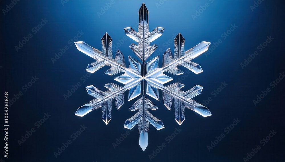 Poster Intricate Crystal Snowflake on Gradient Blue Background with Sharp, Symmetrical Edges, Showcasing Geometric Beauty and Detailed Ice Formation, Capturing the Essence of Winter's Natural Elegance