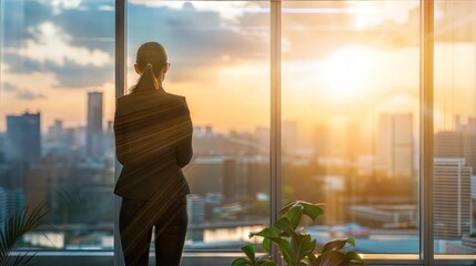 Fototapeta premium Businesswoman observing sunrise in modern office with cityscape view