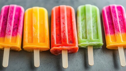 A colorful assortment of delicious fruit popsicles on a gray background, perfect for summer refreshment and vibrant treats.