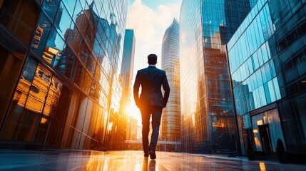 A businessman strides through a vibrant cityscape filled with sleek glass buildings, illuminated by the warm glow of the setting sun, embodying confidence and success