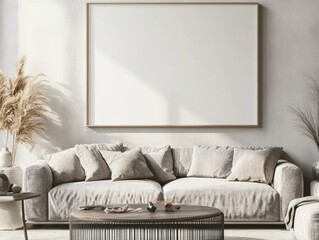 A white couch with pillows on it sits in front of a large white framed picture