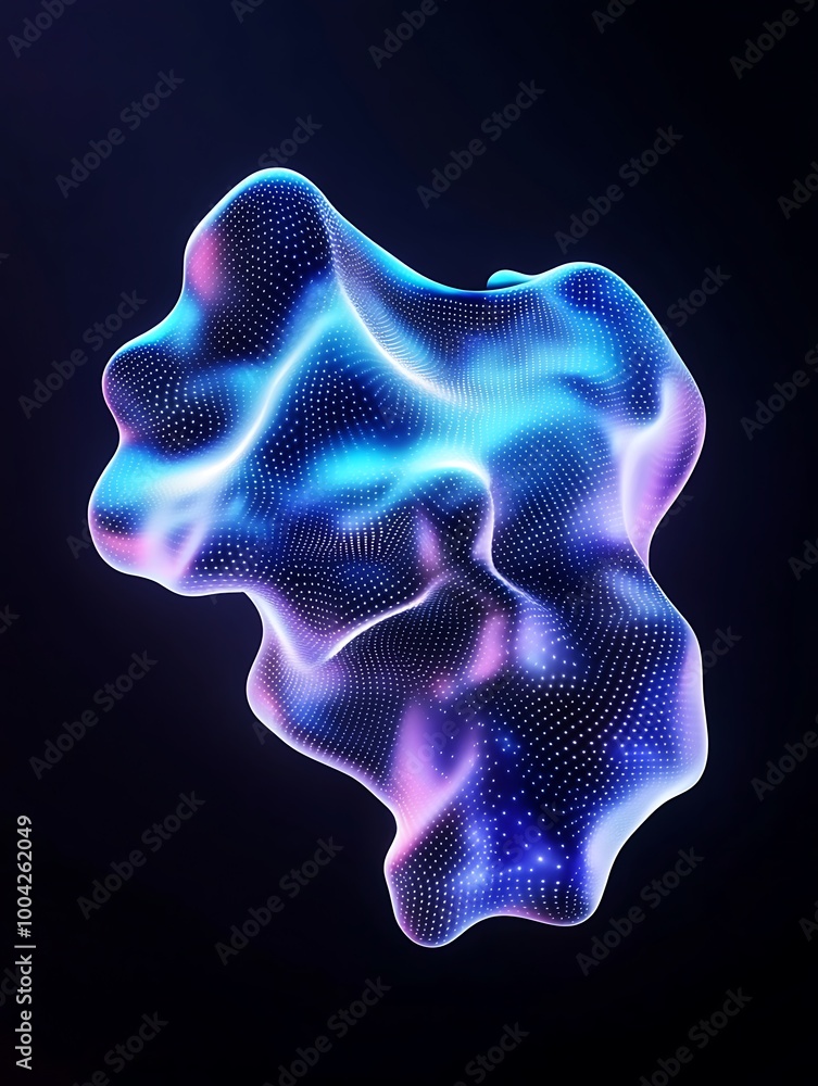 Poster abstract colorful shape with glowing textures on a dark background. a minimalist poster in metallic 