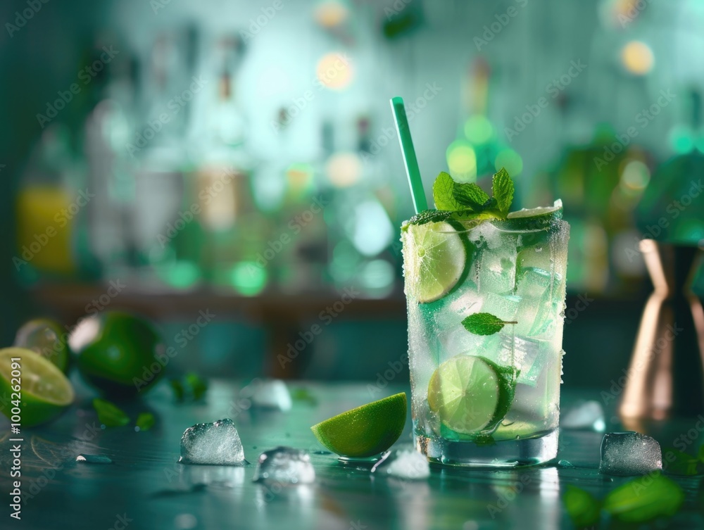 Poster a refreshing mixed drink with lime slices and fresh ice cubes.