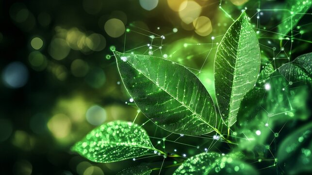 Green leaves with a digital tech overlay, representing the convergence of biotechnology, green energy, and medicine.
