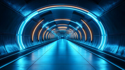 Futuristic Tunnel with Neon Lights - 3D Illustration