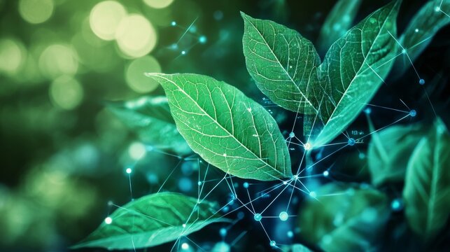 Green leaves with a digital tech overlay, representing the convergence of biotechnology, green energy, and medicine.