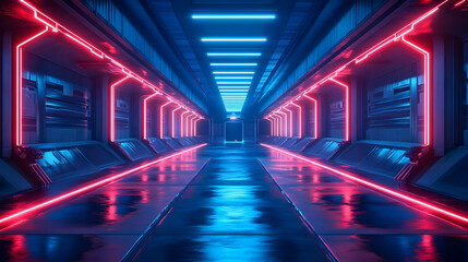 Neon Lights Corridor 3D Illustration