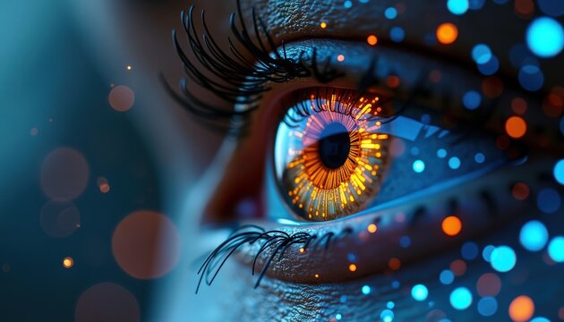 Un &oelig;il per&ccedil;ant, en gros plan, exhibe une pupille magnifiquement d&eacute;taill&eacute;e, presque iridescente. Sous l'influence de la matrice, l'aspect de cet &oelig;il devient une v&eacute;ritable &oelig;uvre d'art lumineuse.