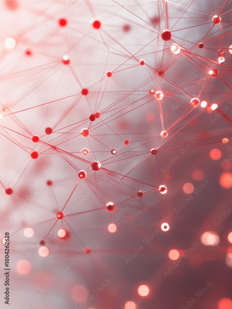 Poster red and gray interconnected circuits, possibly symbolizing technology or electronics.