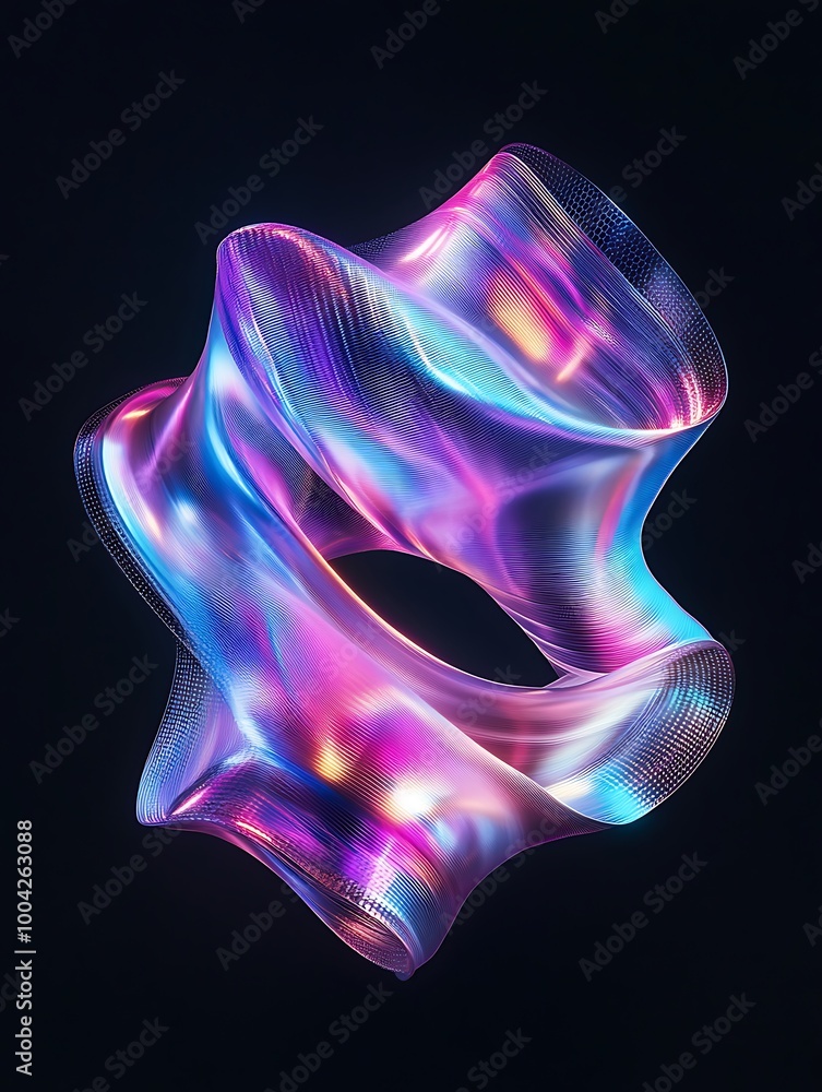Poster abstract colorful shape with wavy texture against a dark background, vivid illumination creates a dy