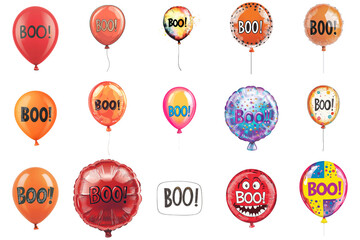 Colorful "BOO!" Balloons Set on Transparent Background for Halloween Designs and Decorations