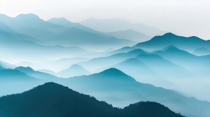Fototapeta premium Misty Mountain Serenity, a tranquil scene of a mist-covered mountain range, vast open space inviting reflection, evoking a sense of calm and connection with nature