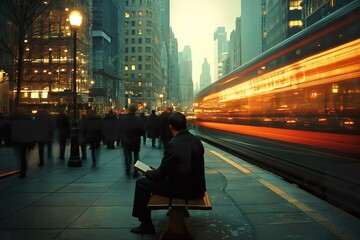 Obraz premium Dusk in a bustling urban center with formal workers and a man reading in a serene moment amid the busy street life