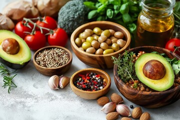 A vibrant arrangement of fresh produce including avocados, olives, and herbs set against a light background in a kitchen environment
