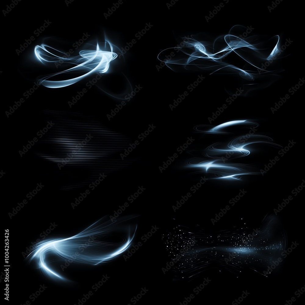 Poster a collection of ethereal light trails and abstract waves on a dark background, perfect for digital a