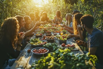 A diverse group of young adults enjoys a vibrant outdoor feast filled with fresh produce during a sunny gathering in nature