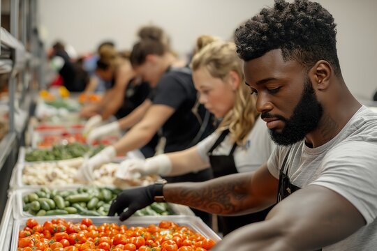 Diverse group of volunteers collaborates to sort fresh produce in a community kitchen during a local food drive, fostering community spirit and support