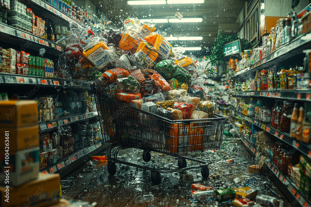 Poster a shopper with a cart piled so high with groceries that they can't see over the top, crashing into e