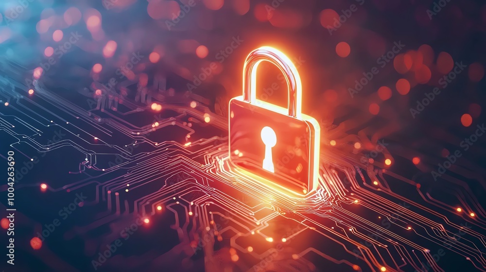 Poster a glowing digital padlock symbolizes cybersecurity and data protection in a technology-driven world.