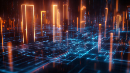 A futuristic digital landscape featuring glowing lines and structures, representing technology and innovation in a vibrant city.
