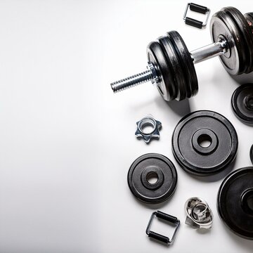 flat lay of fitness equipment including weights on a white surface and background with copy space