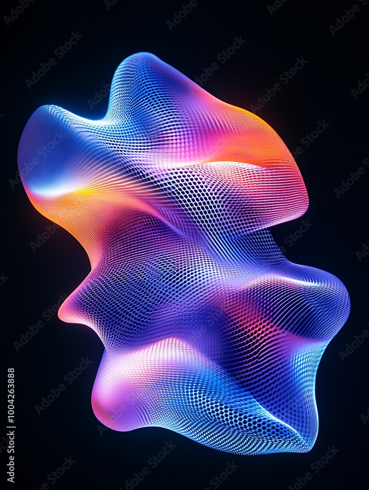Poster Abstract colorful wave design on a black background, perfect for modern art projects. A minimalist poster in metallic and chrome gradient style.