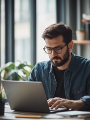 A professional looking man in an office environment using a laptop.