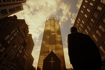 A towering corporate skyscraper rises above a small church and adjacent buildings during sunset, highlighting the contrast between modernity and tradition