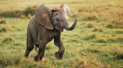 Young elephant walking in grassy field, head tilted upwards, trunk raised and mouth open as if calling. Wildlife scene.