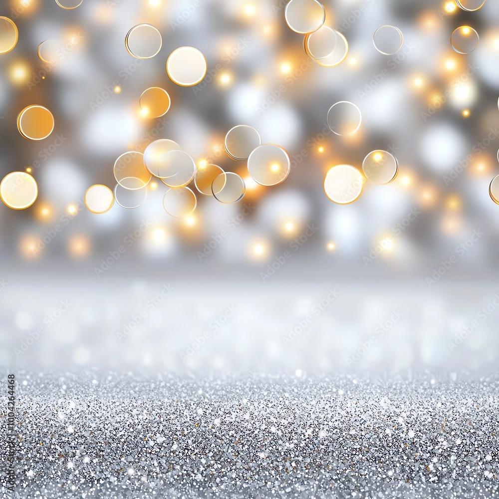 Poster a sparkling silver backdrop with soft golden bokeh lights creating an enchanting atmosphere for fest