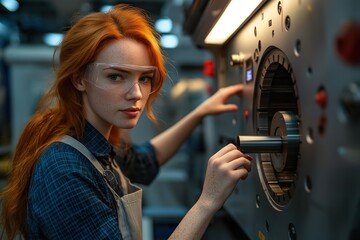 A skilled woman with red hair operates precision machinery in a workshop, demonstrating craftsmanship and technical expertise while wearing protective gear